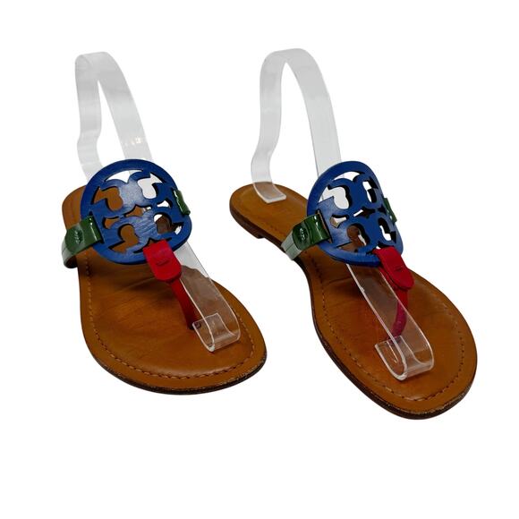 Tory Burch Colorblock Miller Sandals Size 7 Multicolor Logo Thong Flats Shoes - Picture 1 of 11